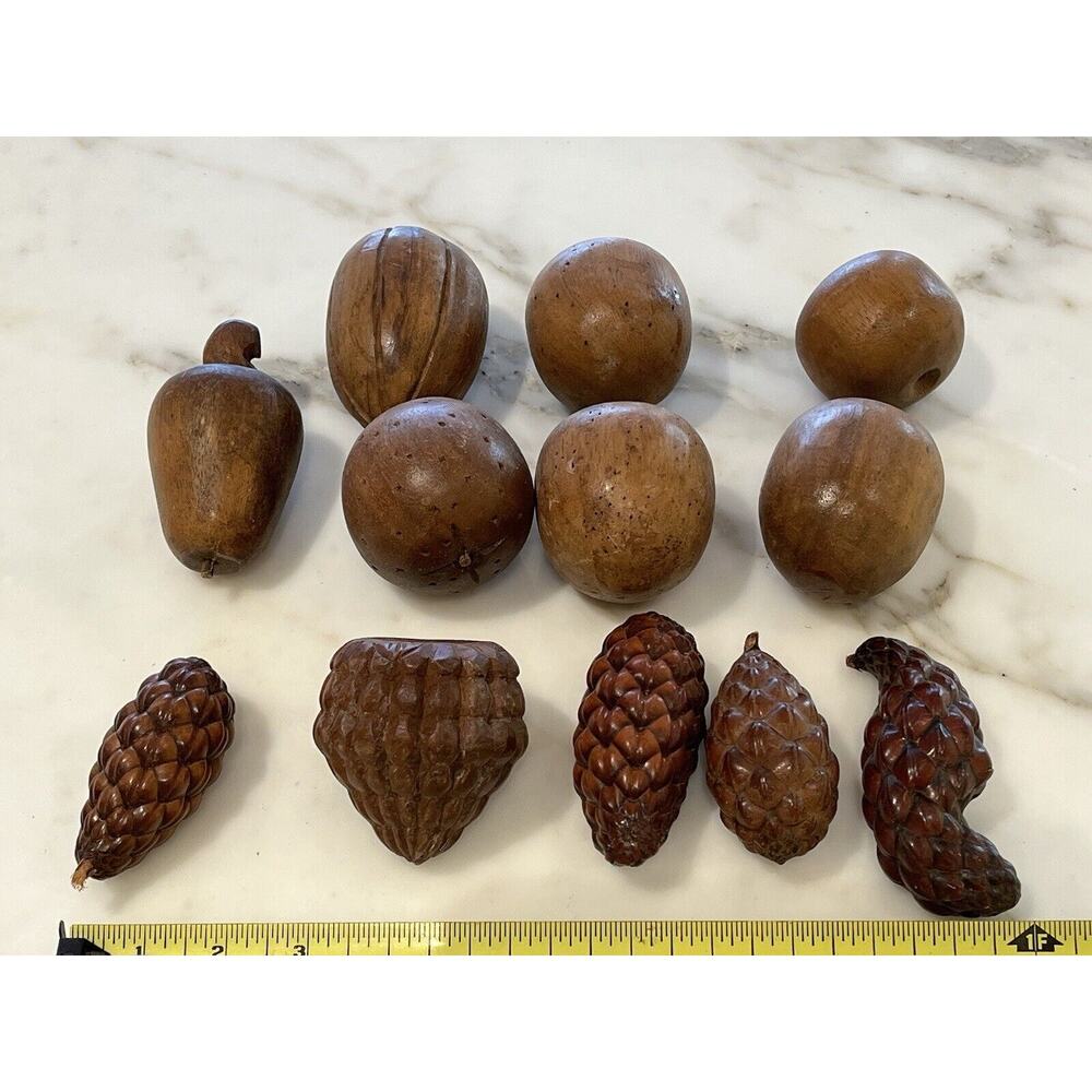 (Qty 12) Vintage Fruit Kitchen Decor Wood Figure Apple Pear Pine Cones Peach MCM